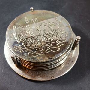 Vintage Silverplated Coaster Set with Holder 6 Pcs Duck Coaster
